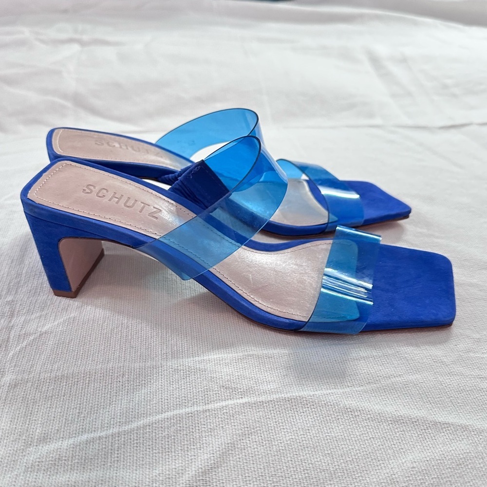Schutz Arielle acrylic mid heel sandals in azul bright blue sz 6.5